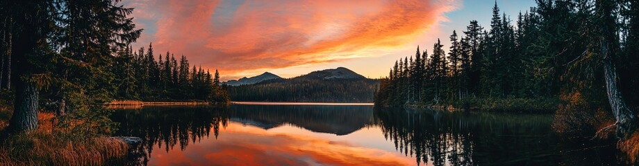 Obraz premium Serene Sunset Reflection Over Tranquil Lake and Mountain Landscape