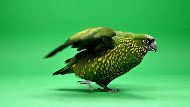 A vibrant green parrot-like bird with distinctive yellow speckles, captured in motion against a bright green screen background, with its wings partially spread.