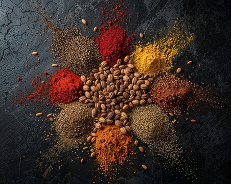 Colorful Spice Blend and Whole Seeds Arrangement on Black Stone Table, Culinary Ingredient Concept
