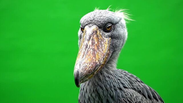 Close-up portrait of a shoebill bird with its distinctive large bill and yellow eyes against a vibrant green background.
