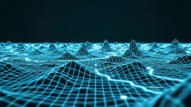 Futuristic digital wireframe landscape with glowing path and data