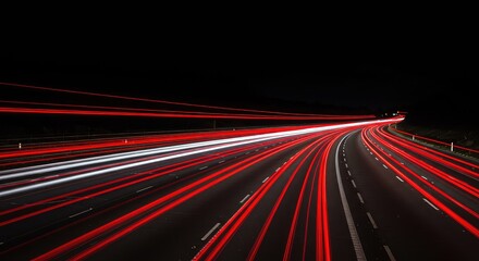 Vibrant red and white light streaks moving quickly across a dark night highway, forming an abstract and dynamic pattern, trail, urban, vibrant