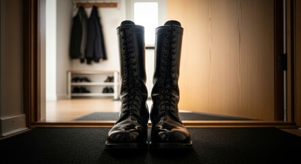 Meticulously Polished Black Military Boots Ready for Duty
