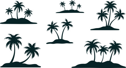 Fototapeta premium Tropical island silhouettes collection with palm trees beach landscape summer paradise vector illustration isolated on white background