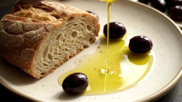 Crusty bread slice rests on speckled plate with olives and oil, soft focus