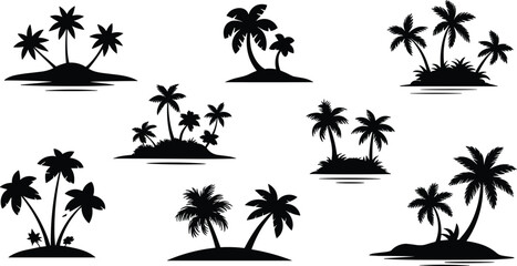 Tropical island palm tree silhouettes set beach summer paradise vector illustration collection isolated on white background © PROTAP