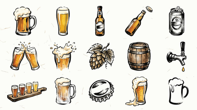 A collection of hand-drawn illustrations depicting various aspects of beer and brewing, including glasses, bottles, cans, hops, and barrels.