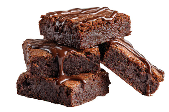 Stack of rich dark chocolate brownies drizzled with melted chocolate dessert sweet, Png, Isolated on Transparent Background, Cut Out