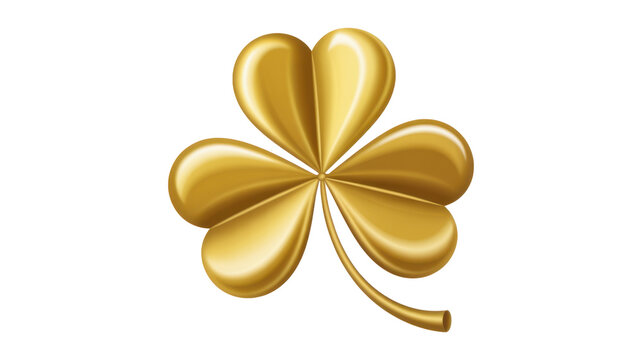 Golden four leaf clover with bent stem on white four-leaf clover isolated on a transparent background