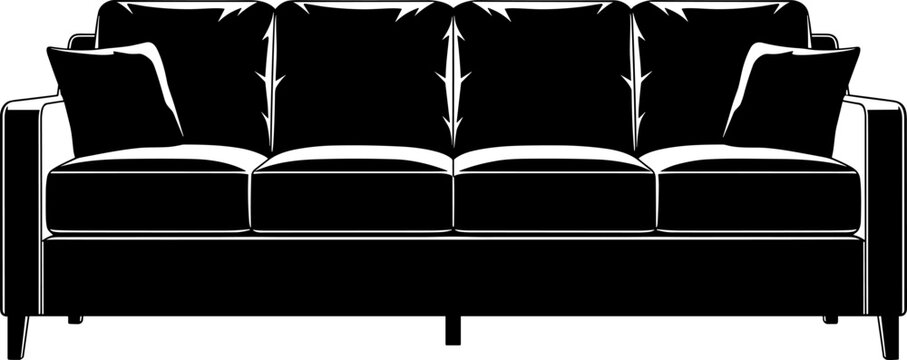 Modern sofa silhouette vector illustration, comfortable living room couch furniture design, minimalist interior decor element, black upholstered seating isolated on white background