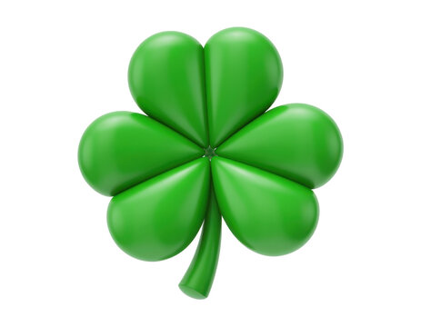 Green shiny four leaf clover with stem shamrock St. Patrick's Day isolated on a transparent background