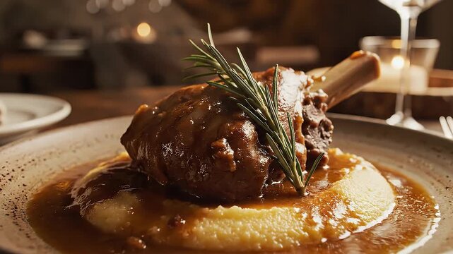 Hearty Slow-Braised Lamb Shank with Rich Gravy and Creamy Polenta in Rustic Restaurant