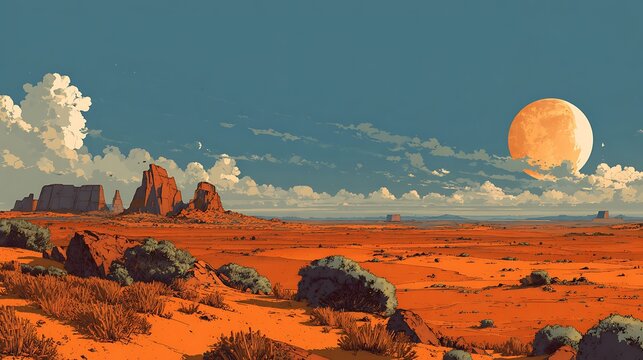 Vibrant desert mesa landscape under a massive orange moon during bright daylight.