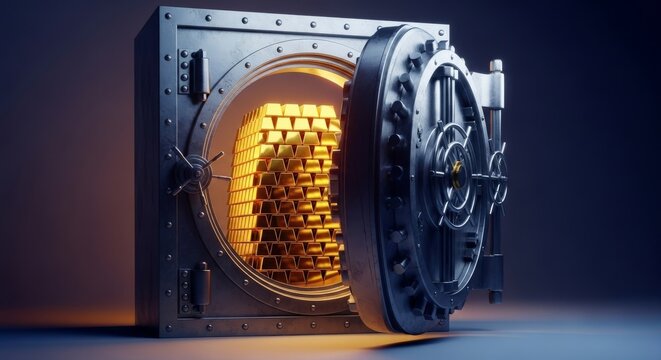 A formidable armored security vault, its massive door gleaming, opens to reveal a stack of reflective gold ingots sparkling within its secure confines, riches, asset, locked