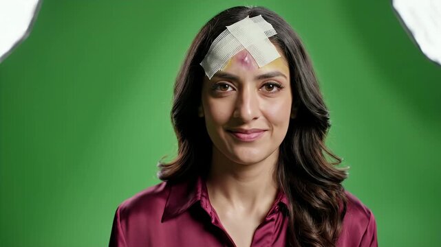 Woman With Bandage On Forehead And Bruise, Looking Concerned Against Green Screen Background With Studio Lighting