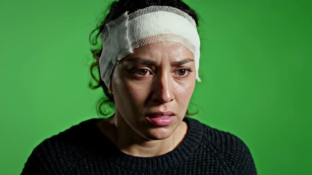 Woman with head injury and white bandage sweats profusely in distress against a vivid green screen background emphasizing pain and discomfort
