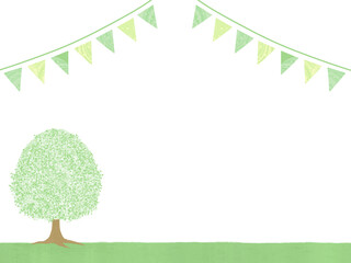 葉の茂った木と可愛い旗のフレーム