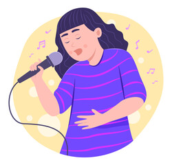 Happy Cheerful Singer Girl Sing a Song with Microphone for Leisure, Hobby and Entertainment Lifestyle Concept Illustration Clip Art