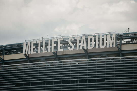 MetLife Stadium signage on exterior facade in East Rutherford, New Jersey, July 2025