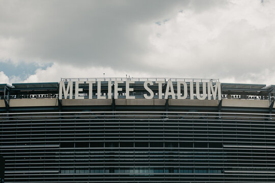 MetLife Stadium exterior signage under cloudy sky in East Rutherford, New Jersey, July 2025