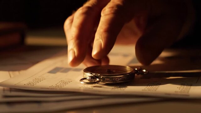 Cinematic close up of a hand placing a vintage compass on financial documents.