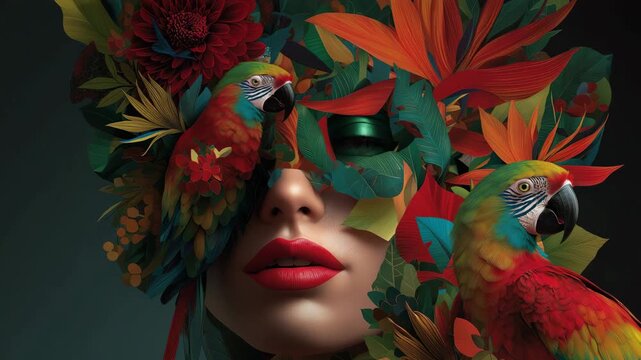Surreal portrait of woman with jungle elements, birds. Female face with abstract plant, colorful parrots, tropical flowers. Fashion meets nature, vibrant color, bright red lips.