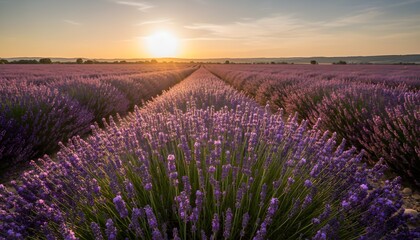 Obraz premium Vibrant lavender field blooming under a golden sunset, spanning a vast rural landscape for natural beauty and tranquility concept, perfect for seasonal flower bloom themes