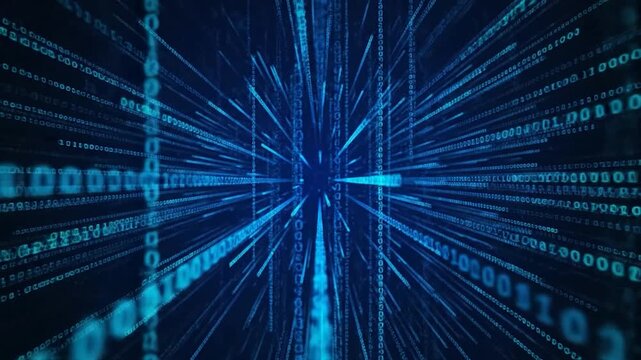 Digital abstract composition with lines of binary code radiating outward