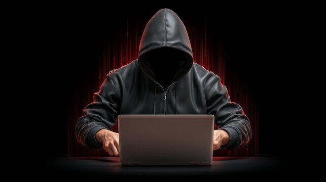 Hooded evil hacker operating laptop,data leak alerts,dark background,Network security,copy space.