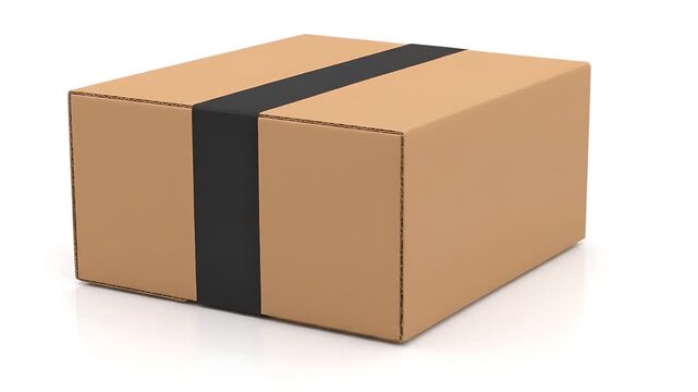 Studio shot of a cardboard delivery package with black tape on an isolated white background.