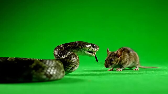 A snake is about to strike a mouse on a green background, highlighting the predator-prey relationship in nature, and the potential danger of wildlife encounters