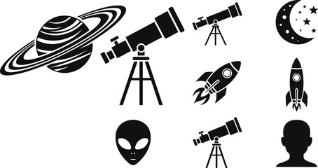 Astronomy and Space Silhouette Icon Set with Rocket Telescope Saturn Planet Moon Alien and Cosmic Exploration Symbols Vector Illustration © MstKhyrun