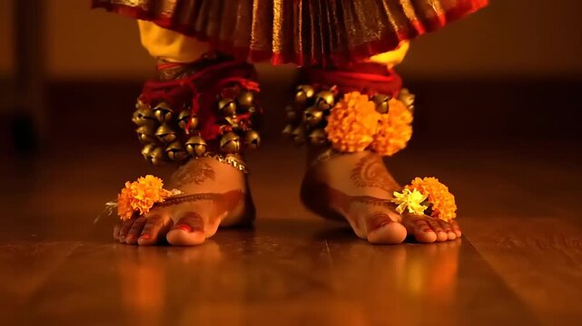 Adorned feet of a classical dancer, showcasing traditional ankle bells and vibrant flowers, embodying cultural grace and rhythmic movement in performance art