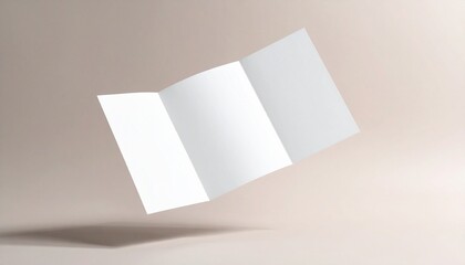 A trifold brochure floating in mid-air, viewed from a slight angle, against a soft beige background.