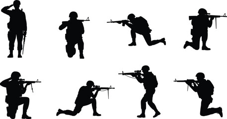 Military soldiers silhouette collection in action poses with rifles, army combat tactical kneeling aiming saluting vector illustration set
