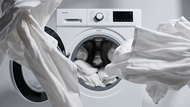 Front Loading Washing Machine with Open Door and White Laundry Against a Gray Background