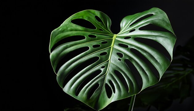 Vibrant Green Monstera Leaf With Natural Holes On Black Background