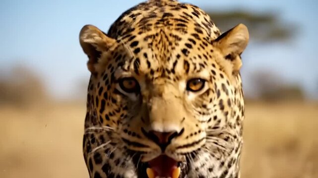 Close-up portrait of a fierce leopard with its mouth open, showcasing its teeth and intense gaze in a natural, sunlit environment