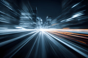 Fototapeta premium Lights move quickly in a city at night with tall buildings and bright colors