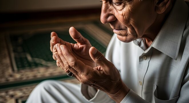 Senior Muslim Man Praying With Raised Hands
