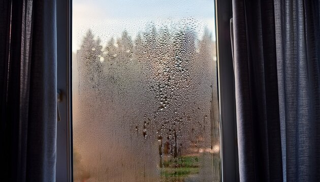 Condensation Forming On Double Glazed Window With Closed Dark Curtains In Winter Light