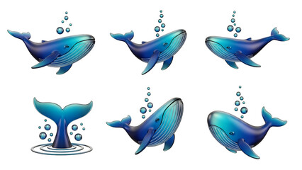 Fototapeta premium Set of Blue 3D Whales Swimming and Splashing with Bubbles on Black Background