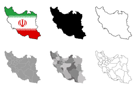 set of maps Iran with regions and flag isolated on white background