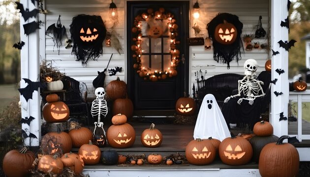 Halloween porch, pumpkins, ghosts.
