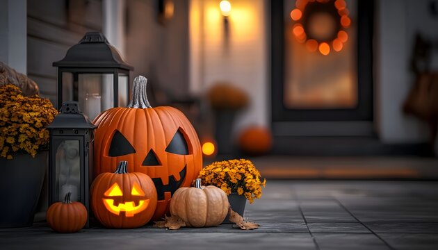 Halloween pumpkins on porch.