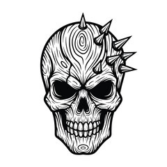 Fototapeta premium Spiked Skull Illustration with Wood Grain Texture - Edgy Black and White Vector Art for Punk, Rock & Gothic Designs