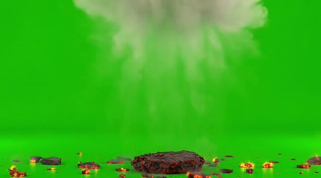 Intense explosion with flames and smoke on green screen background