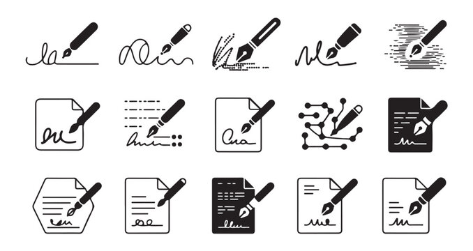 Signature and pen icon set in various styles for digital and traditional signing concepts