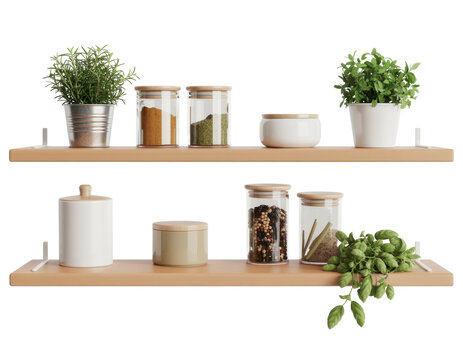 Wooden shelves with plants and spice jars kitchen decor isolated on a transparent background