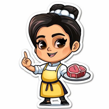 Cute chibi chef illustration: young woman in yellow apron holds raw steak